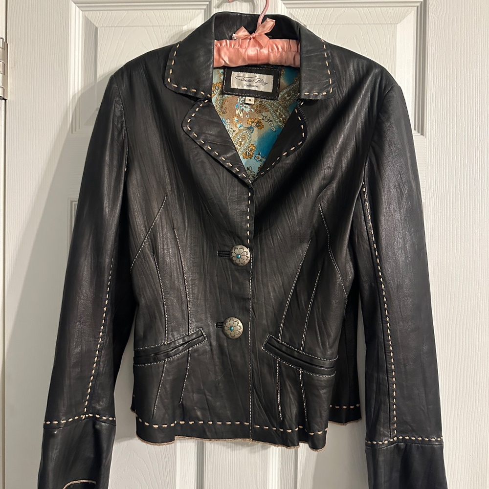 Tasha Polizzi Black Leather Jacket – Turquoise Concho Buttons, Paisley Lining -S